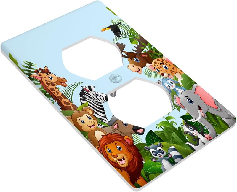 Czrouz Cartoon Forest Animals 1 Gang Duplex Light Switch Cover, Cute Elephant Giraffe Lion Outlet Covers Wall Plate Decorative Electrical Receptacle Faceplate for Kitchen Bathroom Home Art Wall Panel Decor - Image 2